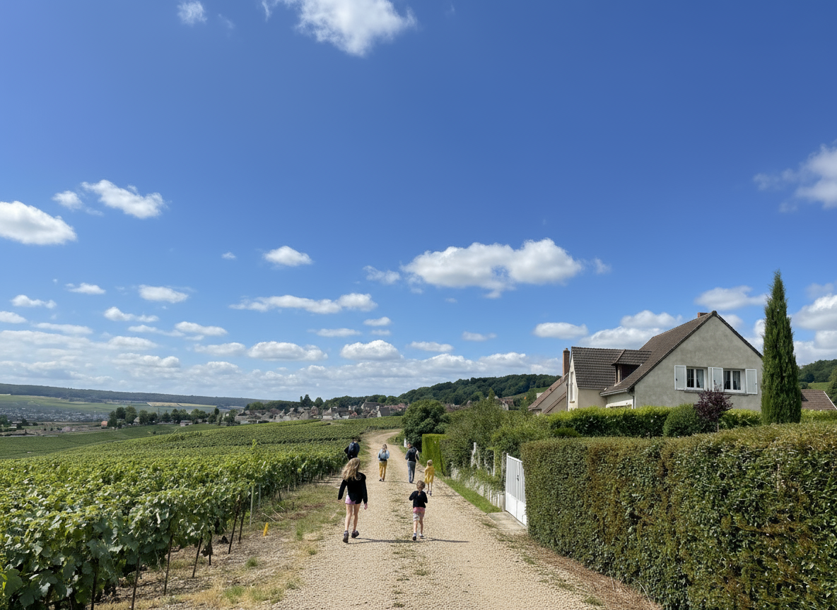 Vineyard with people walking along a path under a clear blue sky.
